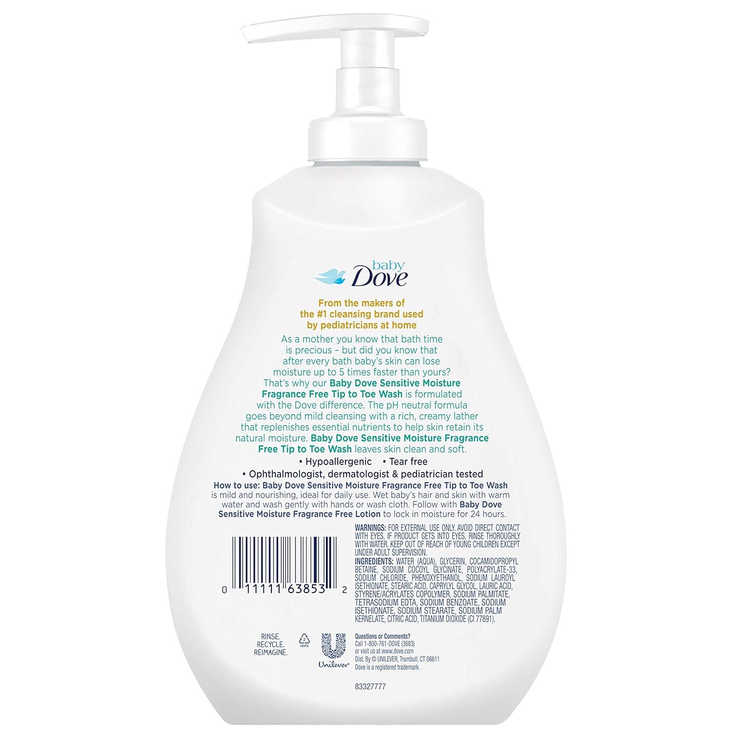 Baby Dove Tip to Toe Baby Body Wash For Baby's Sensitive Skin Sensitive Moisture Washes Away Bacteria, Fragrance-Free and Hypoallergenic Baby Soap, 13 Fl Oz (Pack of 3) - Image 2